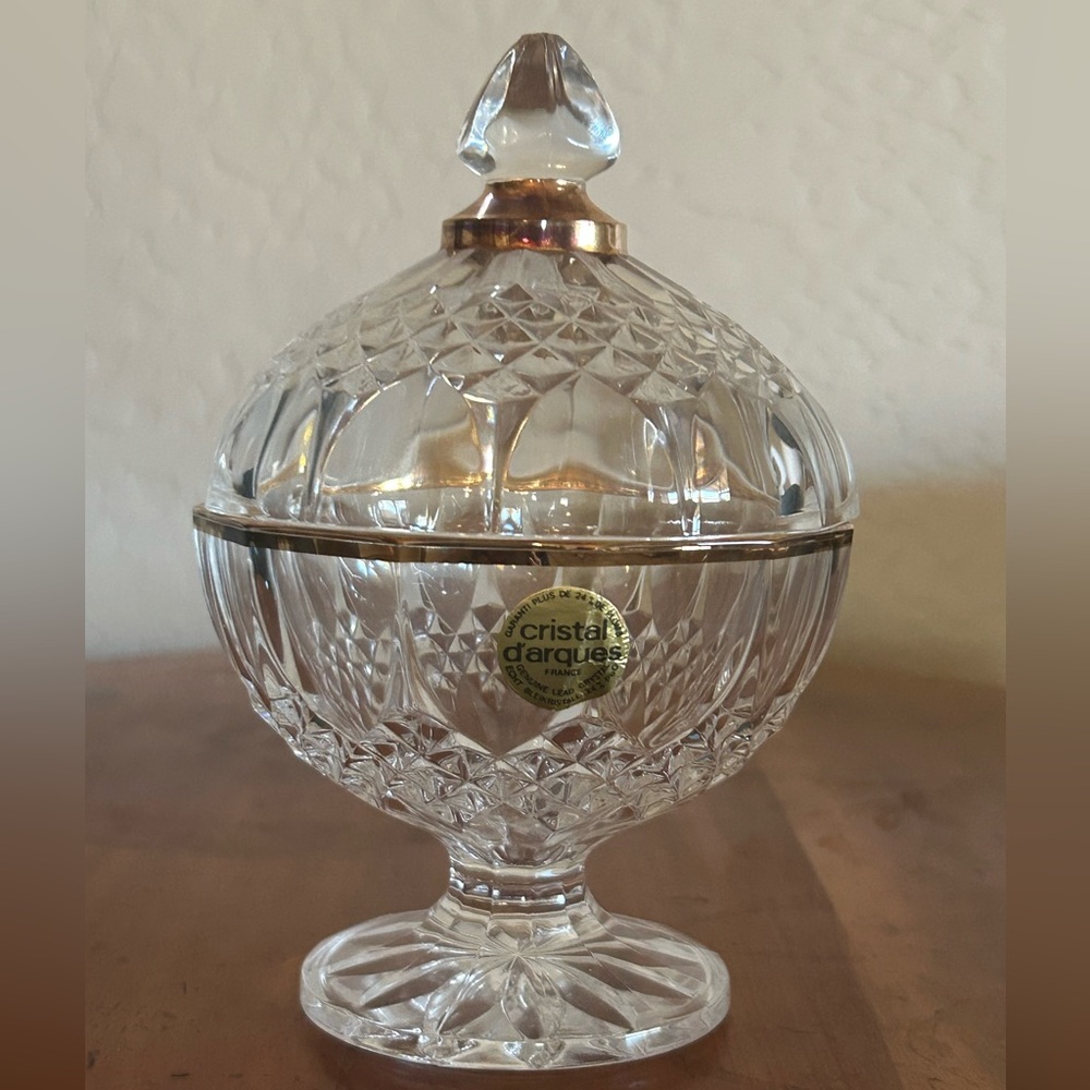 GORGEOUS VINTAGE CRISTAL D’ARQUE  LEAD CRYSTAL/GOLD PEDESTAL CANDY BOWL FRANCE